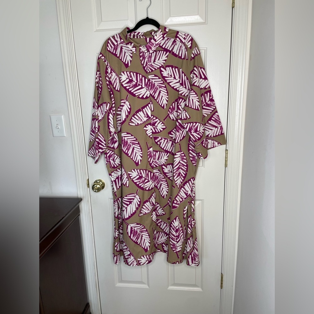 Marina Rinaldi Voyage Tan & Magenta Leaf Print A-Line Midi Dress Resort Wear 24